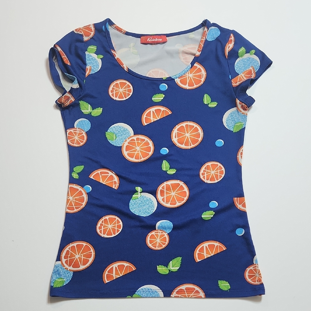 Rainbow Y2K Fruit Print Tee Navy Blue Citrus Graphic Top Retro 90s 2000s EUC
